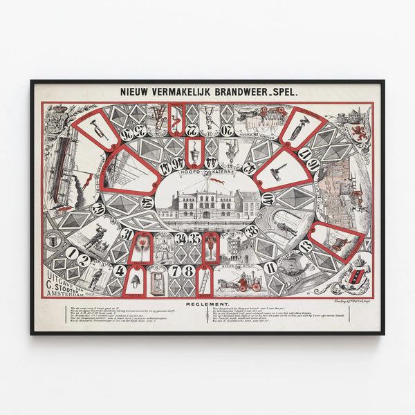 Vintage poster of firefighter board game Nieuw Vermakelijk Brandweer Spel — framed artwork on a wall