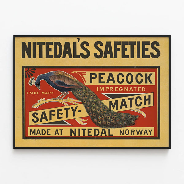 Vintage Poster Nitedal's Safeties with Peafowl - Retro Wall Decoration — framed artwork on a wall