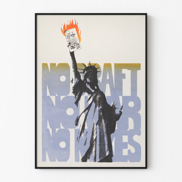 Poster No Draft No War No Nukes with Statue of Liberty on fire