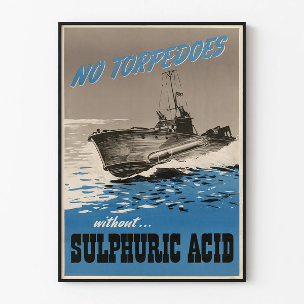 Vintage poster of a torpedo boat and sulfuric acid