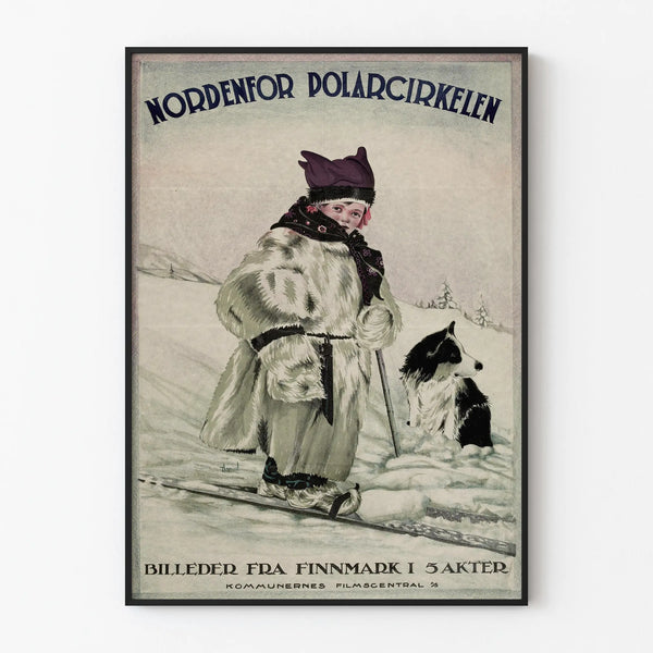 Nordic wall decoration poster 'Nordenfor Polarcirkelen' featuring a child in traditional attire and a dog