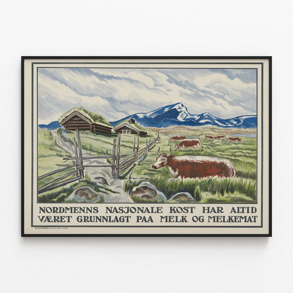 Decorative poster of a cow and Scandinavian landscape vintage — framed artwork on a wall