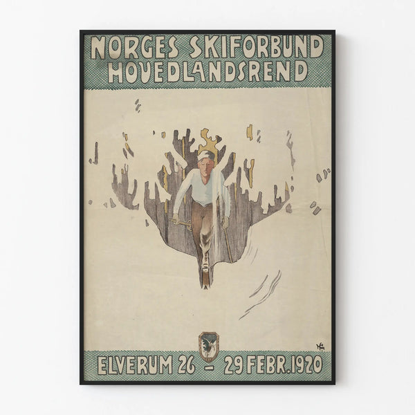 Vintage ski poster of Norges Skiforbund Elverum 1920