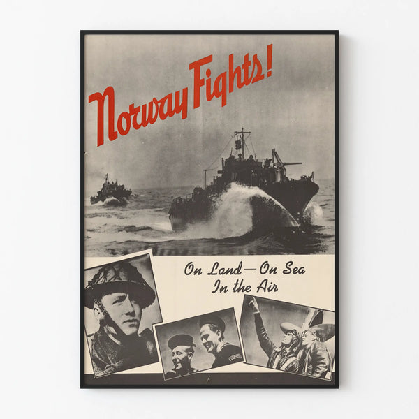 Retro Norwegian poster: land, sea, air combat