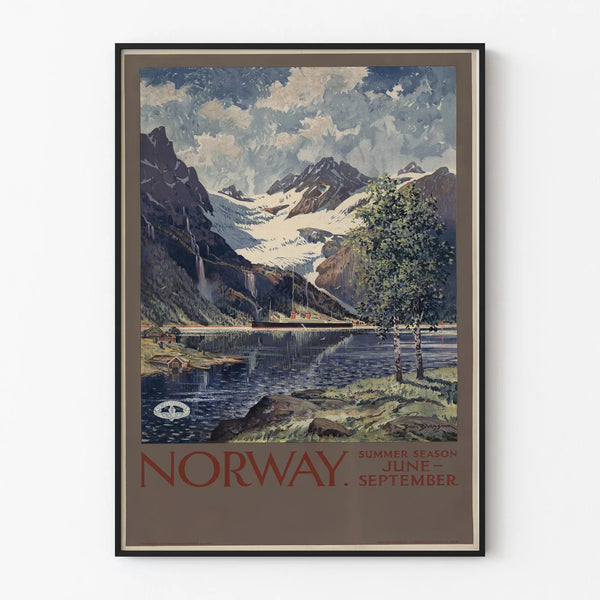 Vintage Poster of Norway Landscape in Summer with Mountains and Fjord