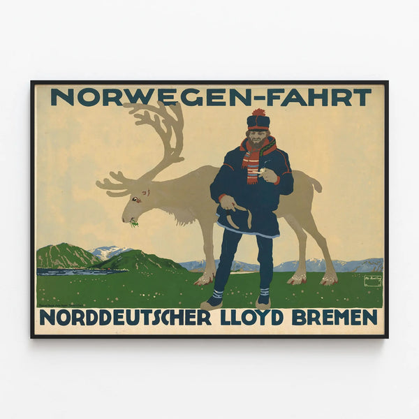 Vintage poster Norway Voyage Norddeutscher Lloyd Bremen — framed artwork on a wall