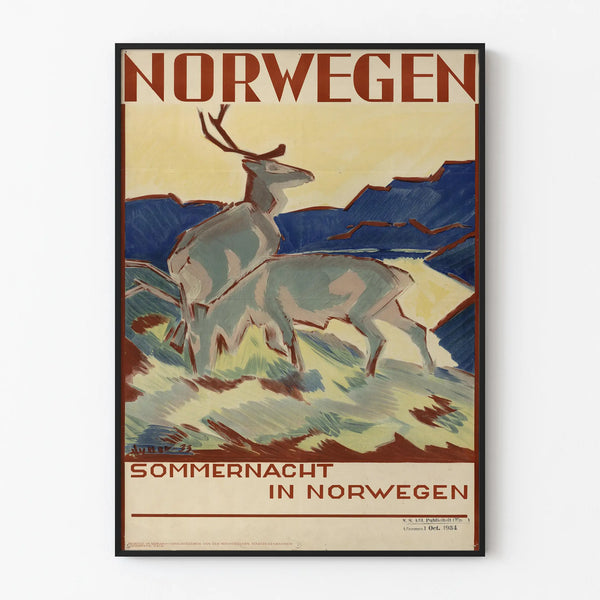 Vintage poster Wall decoration Norway summer night with reindeer