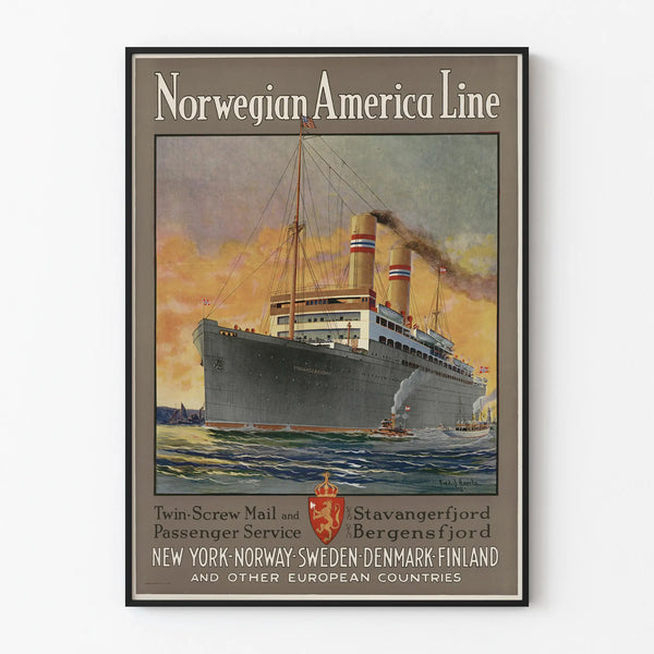 Vintage Norwegian America Line Poster Stavangerfjord Ship