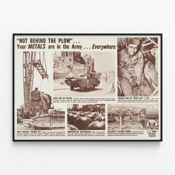 Vintage military poster 'Not Behind the Plow' - Historic wall decoration — framed artwork on a wall