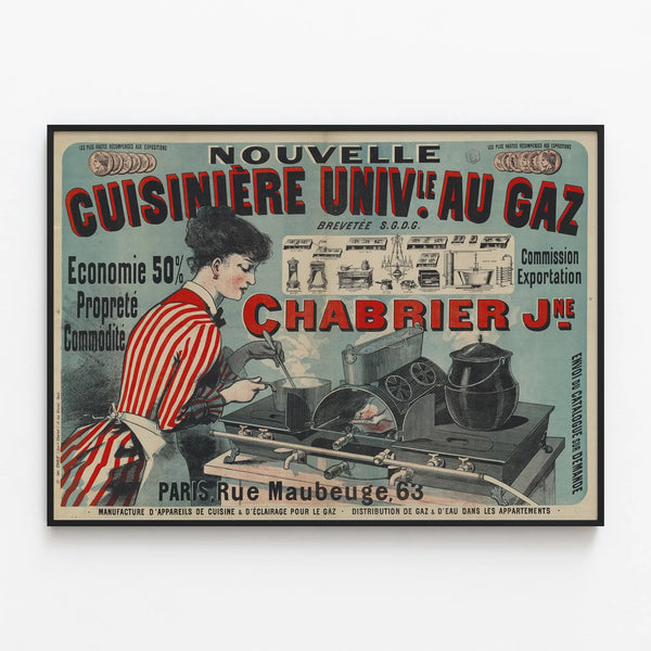 Vintage Poster Advertising Chabrier Young Universal Gas Stove — framed artwork on a wall
