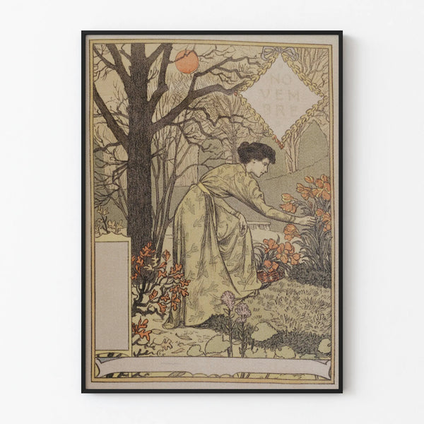 Vintage decorative poster « November » autumn scene in the garden