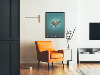 Vintage Poster Obesity - Illustration of a Broken Chair on a Blue Background