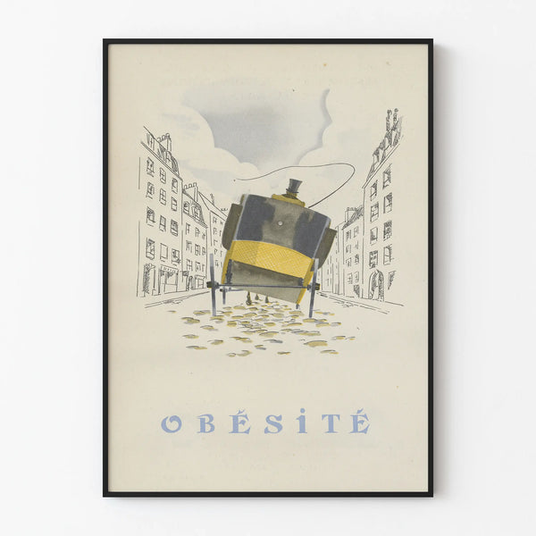 Vintage poster Obesity drawing of a carriage on a cobbled street