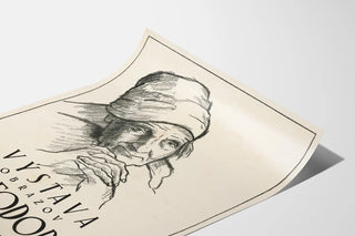 Vintage exhibition poster pencil drawing of a woman's face