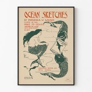 Vintage Poster Ocean Sketches - Illustration of a Mermaid and Fish