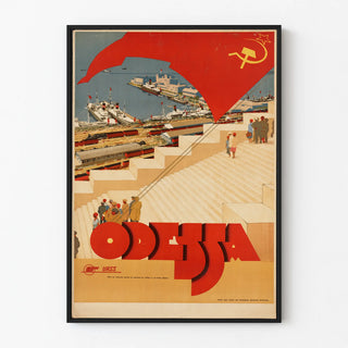 Vintage Odessa Soviet Union poster with port and Soviet flag