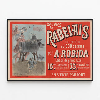 Vintage poster of the works of Rabelais illustrated by A. Robida — framed artwork on a wall