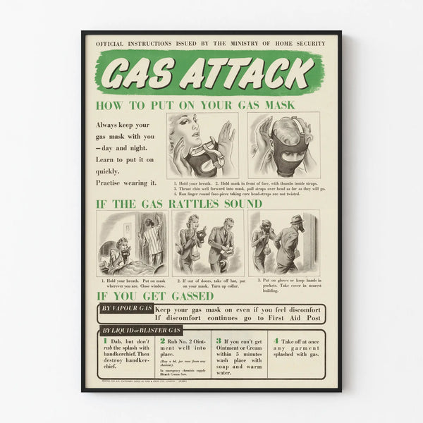 Vintage poster of safety instructions for indoor gas mask