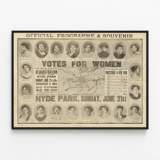 Vintage poster advocating for women's suffrage at Hyde Park 1908 — framed artwork on a wall