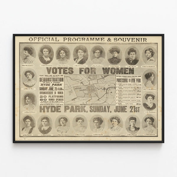 Vintage poster advocating for women's suffrage at Hyde Park 1908 — framed artwork on a wall