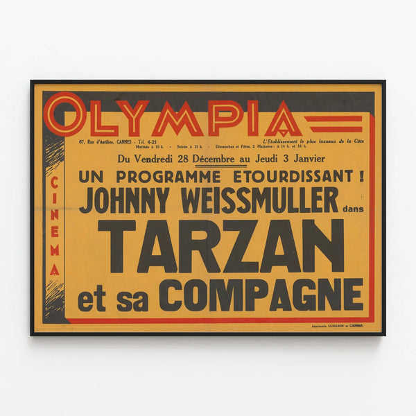 Vintage cinema poster Tarzan at the Olympia Cannes — framed artwork on a wall