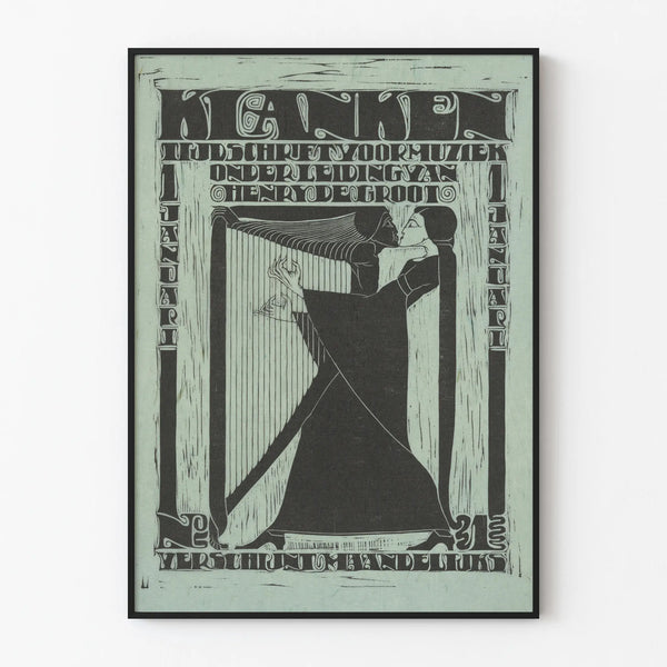Art Deco Poster Music Harp and Embracing Couple