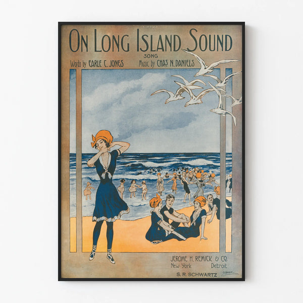 Vintage poster of Long Island Sound beach and swimming