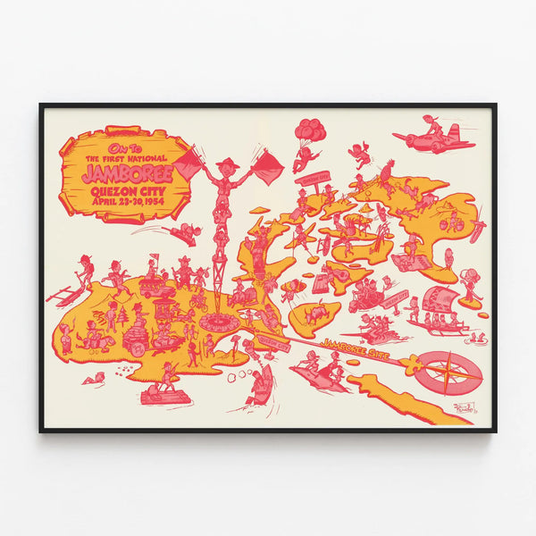Vintage Poster On To The First National Jamboree - Wall Decoration with Animated Map 1954 — framed artwork on a wall