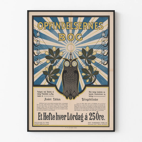 Vintage poster wall decoration The Book of Inventions with owl and luminous rays