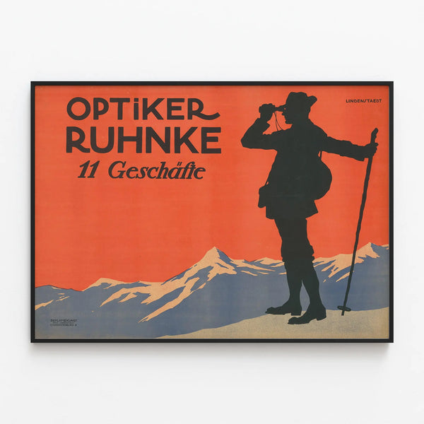Vintage poster Optiker Ruhnke silhouette hiker and mountain — framed artwork on a wall
