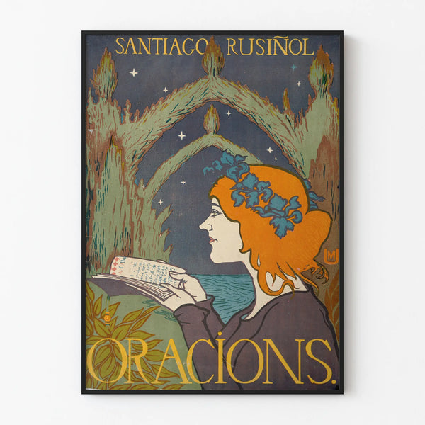 Vintage decorative poster Oracions with female profile and open book