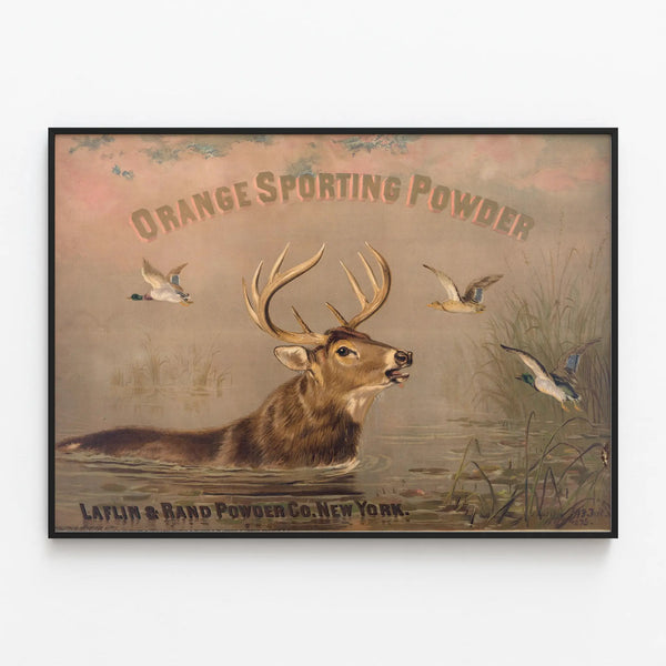 Vintage Orange Sporting Powder Poster - Animal Wall Decoration — framed artwork on a wall