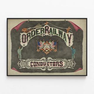 Vintage Poster of the Railway Conductors' Guild 1868 — framed artwork on a wall