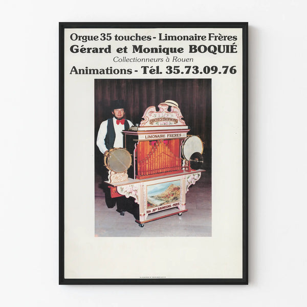 Vintage poster of a 35-key organ by Limonaires Brothers, created by Gérard and Monique Boquié