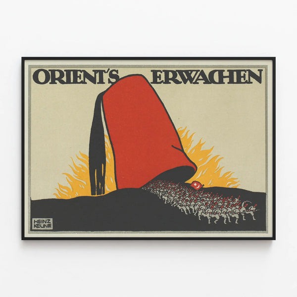 Vintage poster Orient's Erwachen with red fez and crowd silhouette — framed artwork on a wall