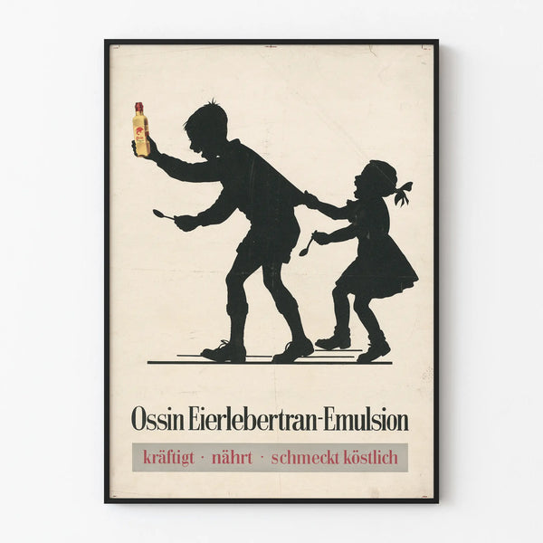 Vintage poster silhouette of children Ossin Eierlebertran-Emulsion