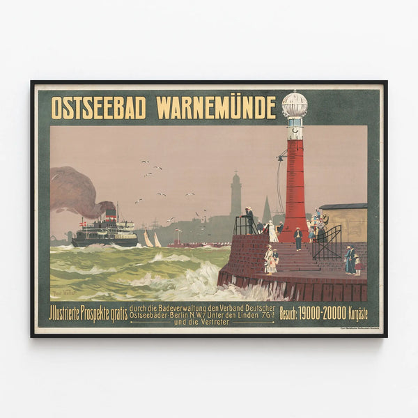 Vintage poster of Ostseebad Warnemünde with lighthouse and rough sea — framed artwork on a wall