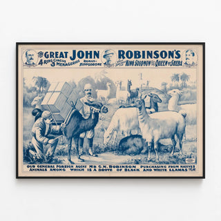 Vintage poster of John Robinson and troupe of black and white llamas — framed artwork on a wall