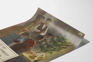 Vintage Christmas family atmosphere poster with illuminated pine tree