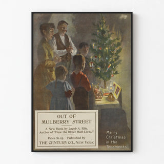 Vintage Christmas family atmosphere poster with illuminated pine tree