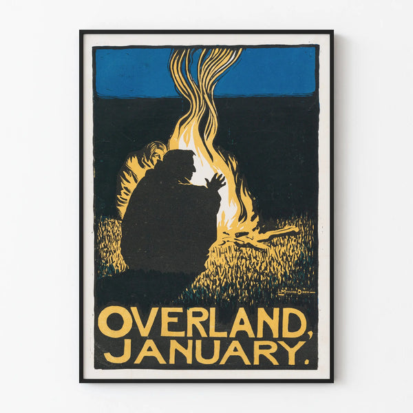 Vintage poster Overland January at the campfire