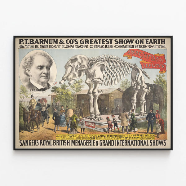 Vintage Barnum & Co. Poster – Skeleton of Jumbo the Elephant — framed artwork on a wall