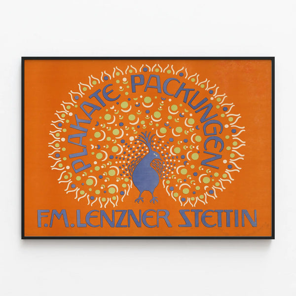 Vintage decorative poster with peacock and blue typography on an orange background — framed artwork on a wall
