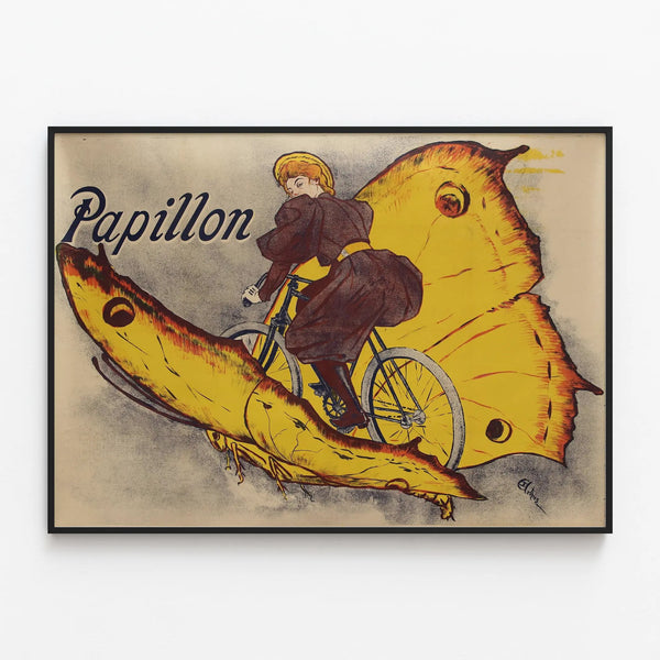 Vintage Butterfly Bicycle Poster - Retro Wall Decoration — framed artwork on a wall