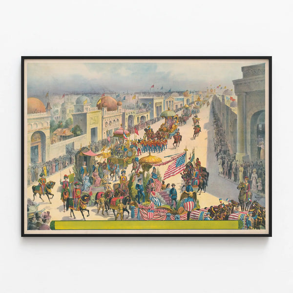 Vintage poster of festive parade and decorated floats — framed artwork on a wall