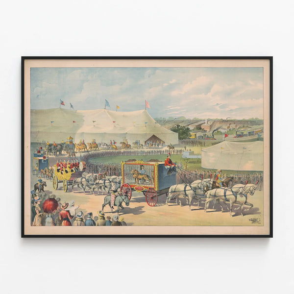 Circus Parade Poster with Lion in Cage on Cart — framed artwork on a wall