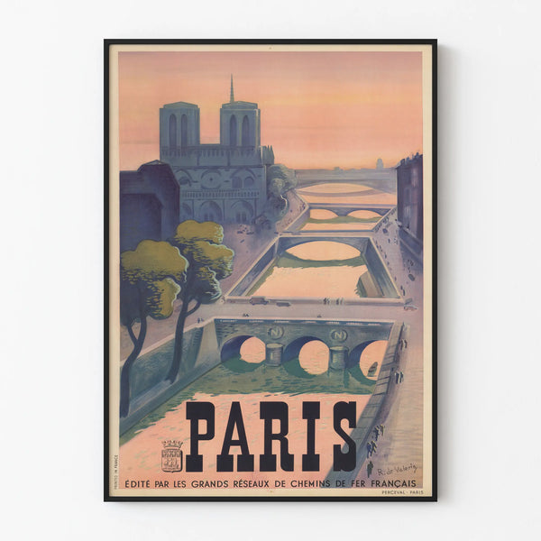 Vintage Paris poster featuring landscape and bridges over the Seine