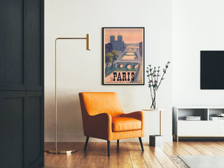 Vintage Paris poster featuring landscape and bridges over the Seine