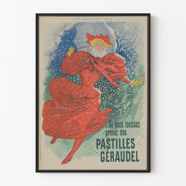 Vintage poster of Pastilles Géraudel featuring a woman with a red umbrella