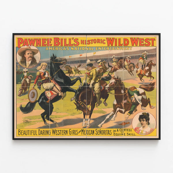 Vintage poster Wild West Pawnee Bill - Western Girls and Senoritas on horseback — framed artwork on a wall